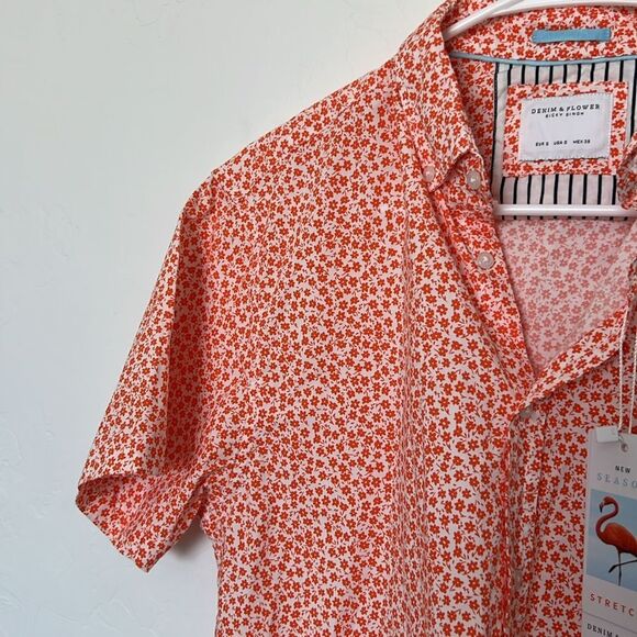 Denim & Flower Floral Button Up Shirt Orange White Short Sleeve Size Small NWT - Picture 5 of 8